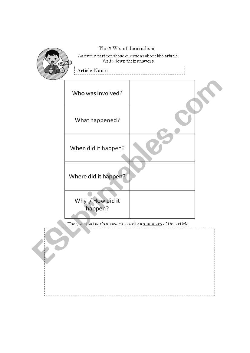 The 5 W`s of Journalism  worksheet